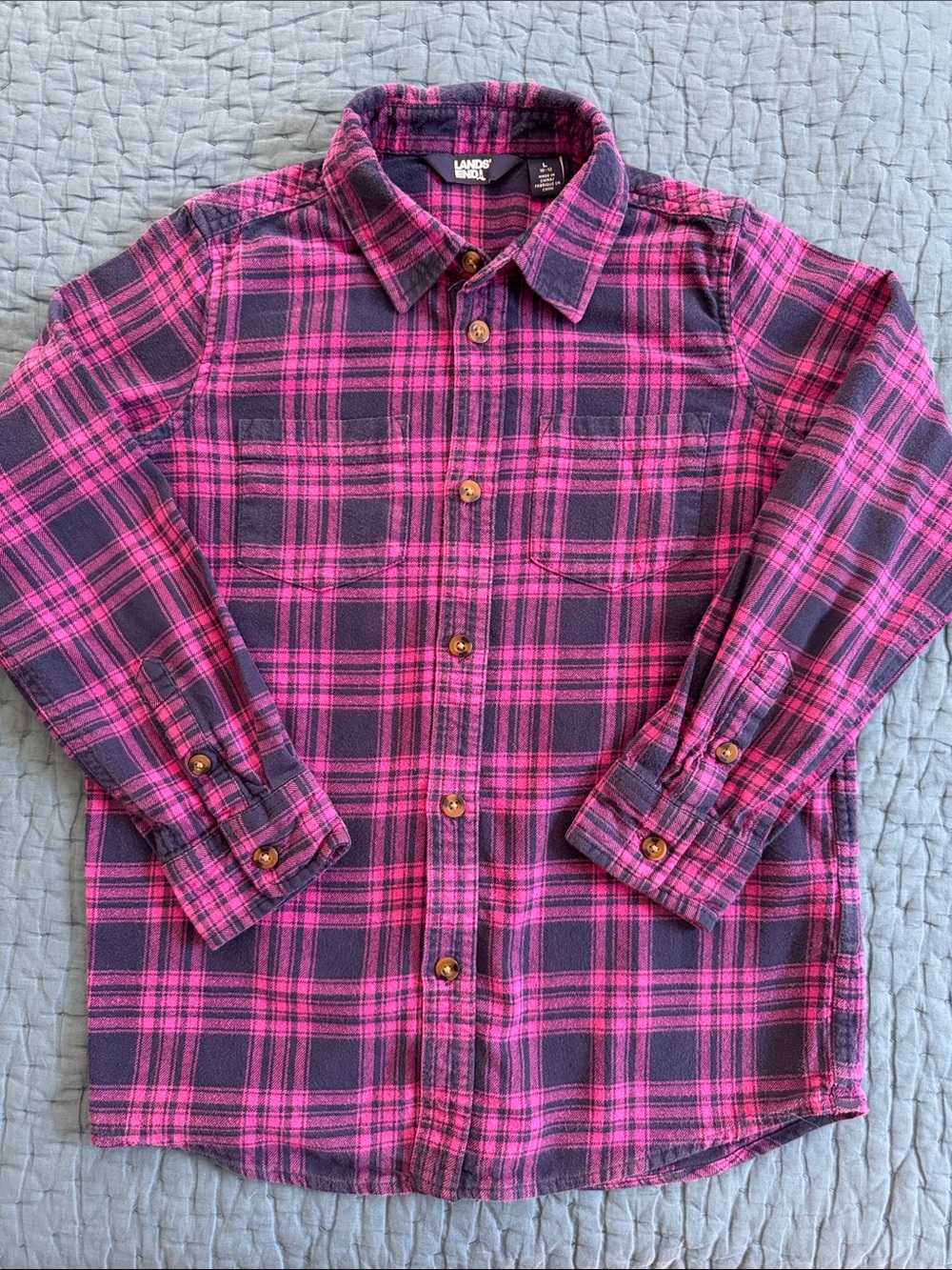 Lands' End Kids Pink & Navy Plaid Button-Up Cotton Flannel Shirt